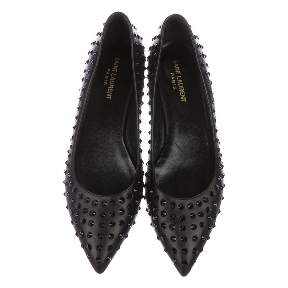 Saint Laurent Shoes - SAINT LAURENT Paris 50 Black Leather Spiked Flats